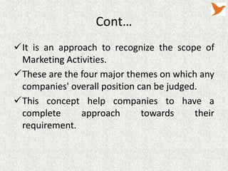 Cont…
It is an approach to recognize the scope of
Marketing Activities.
These are the four major themes on which any
companies' overall position can be judged.
This concept help companies to have a
complete
approach
towards
their
requirement.

 