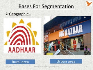 Bases For Segmentation
Geographic:-




        Rural area                                     Urban area
4/11/2013            Tolani Institute of Management Studies         29
 