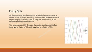 Fuzzy Sets
An illustration of membership can be applied to temperature is
shown. In the example, the fuzzy sets describes temperature of an
engine ranging from very cold to very hot. The value µ, is the
amount of membership in the set.
At a temperature of 80 degrees, the engine can be described as
being hot to factor of 0.2, and very hot to a factor of 0.8.
 