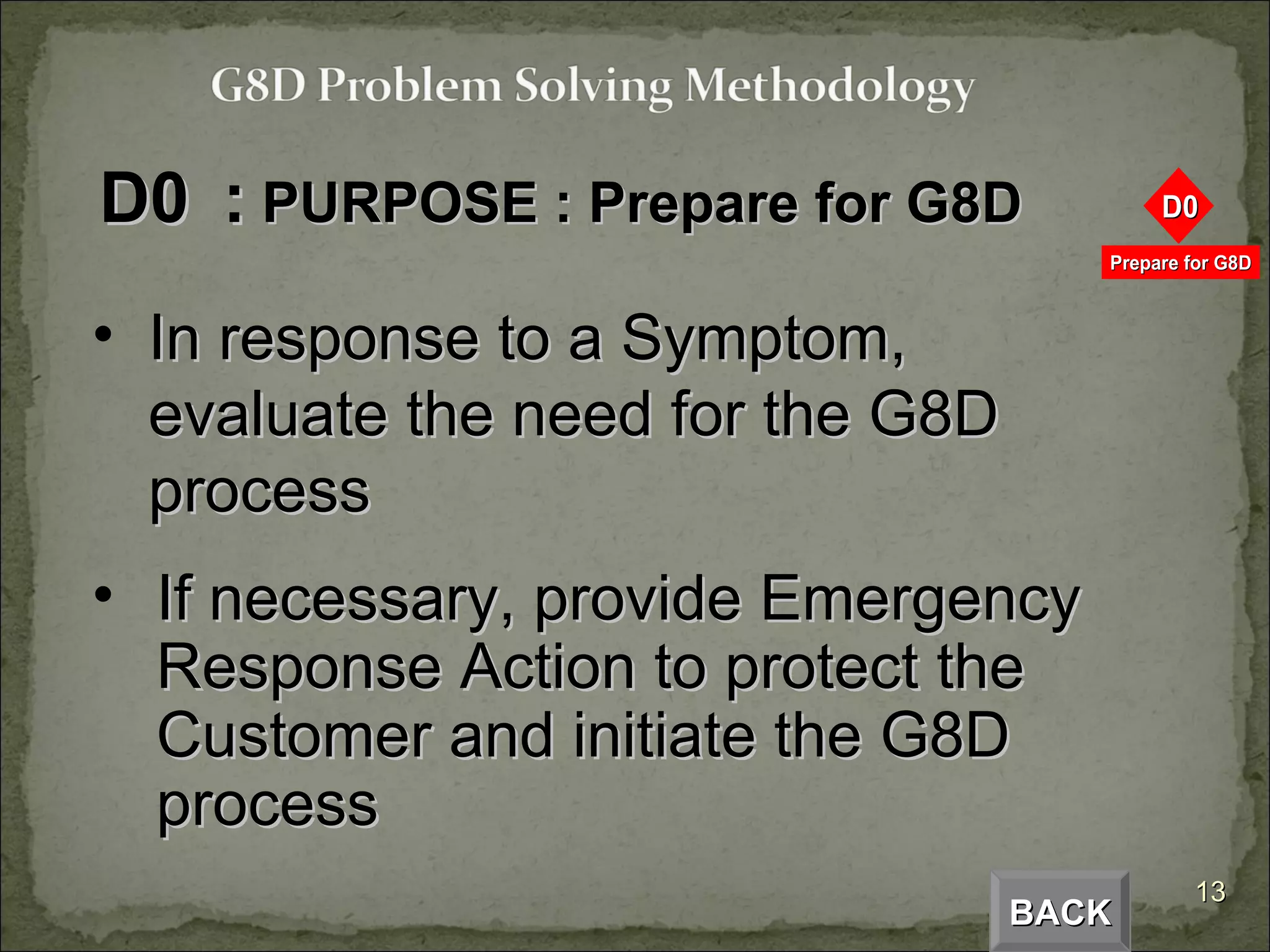 D0  :   PURPOSE : Prepare for G8D   In response to a Symptom, evaluate the need for the G8D process If necessary, provide Emergency Response Action to protect the Customer and initiate the G8D process BACK 