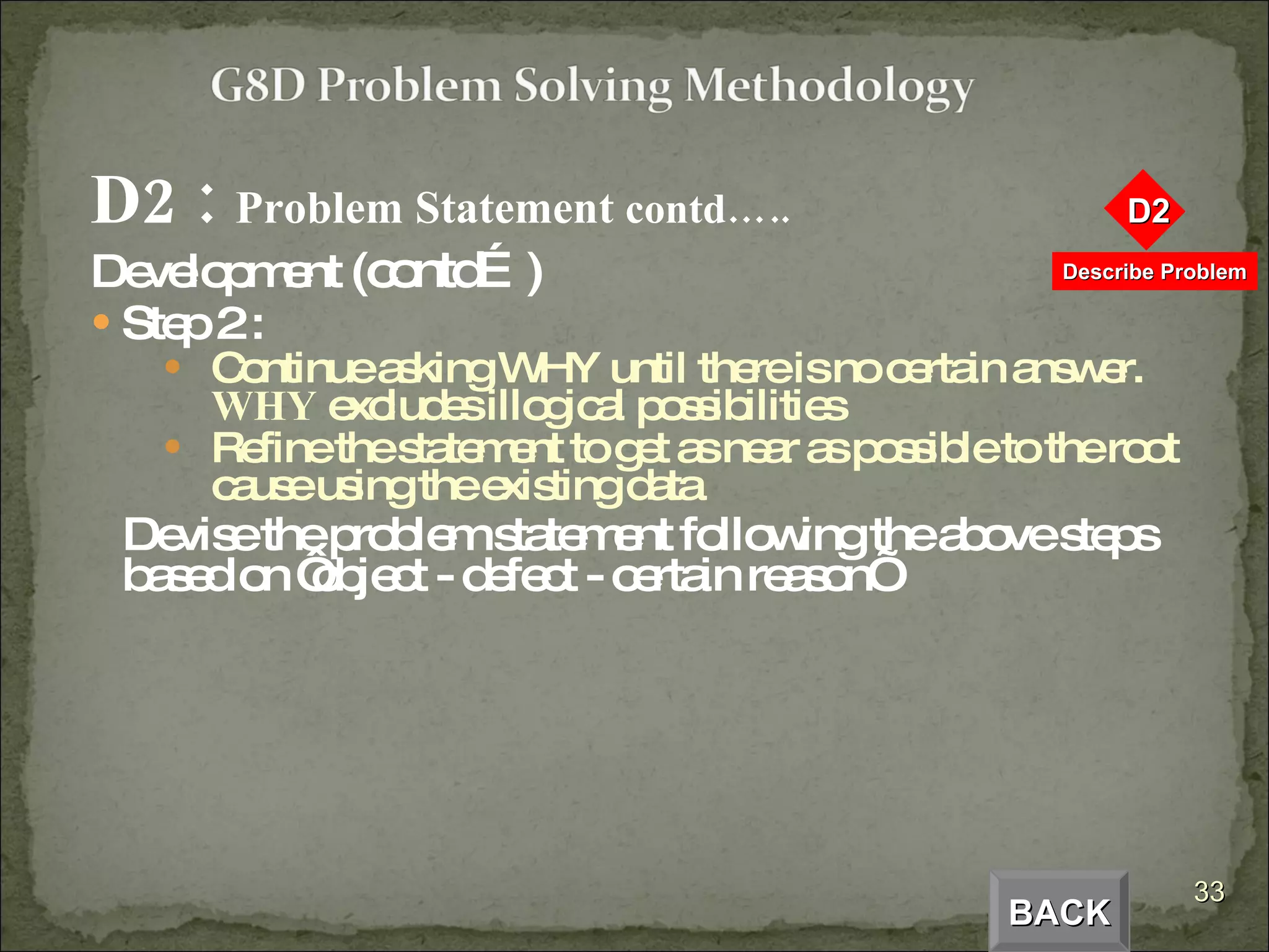 D2 :  Problem Statement  contd….. Development  (contd…) Step 2 : Continue asking WHY until there is no certain answer.  WHY  excludes illogical possibilities Refine the statement to get as near as possible to the root cause using the existing data Devise the problem statement following the above steps based on ‘object - defect - certain reason’ BACK 