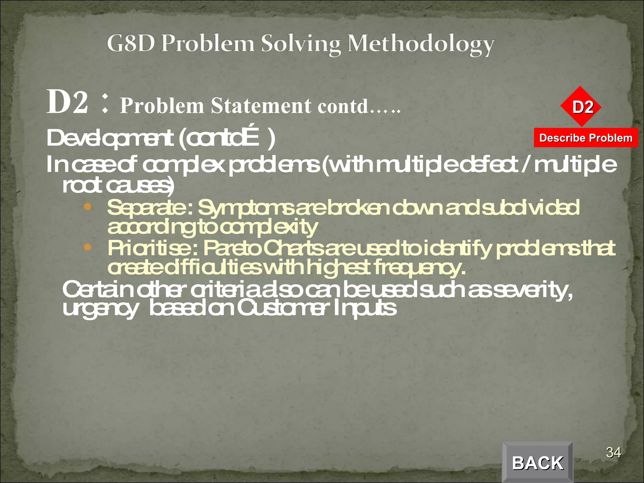 D2 :  Problem Statement  contd….. Development  (contd…) In case of complex problems (with multiple defect / multiple root causes) Separate : Symptoms are broken down and subdivided according to complexity Prioritise : Pareto Charts are used to identify problems that create difficulties with highest frequency. Certain other criteria also can be used such as severity, urgency  based on Customer Inputs BACK 