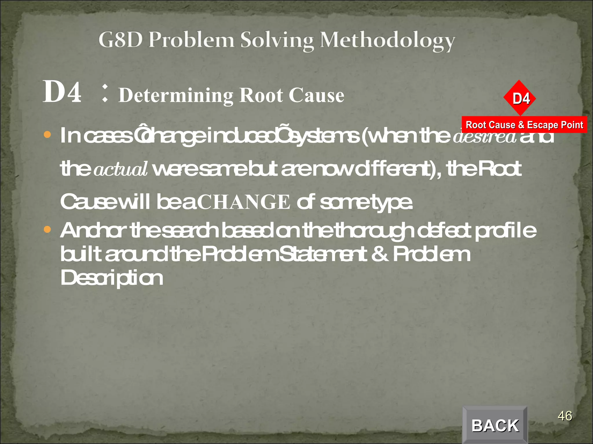 D4  :  Determining Root Cause In cases ‘change induced’ systems (when the  desired  and the  actual  were same but are now different), the Root Cause will be a  CHANGE  of some type. Anchor the search based on the thorough defect profile built around the Problem Statement & Problem Description BACK 