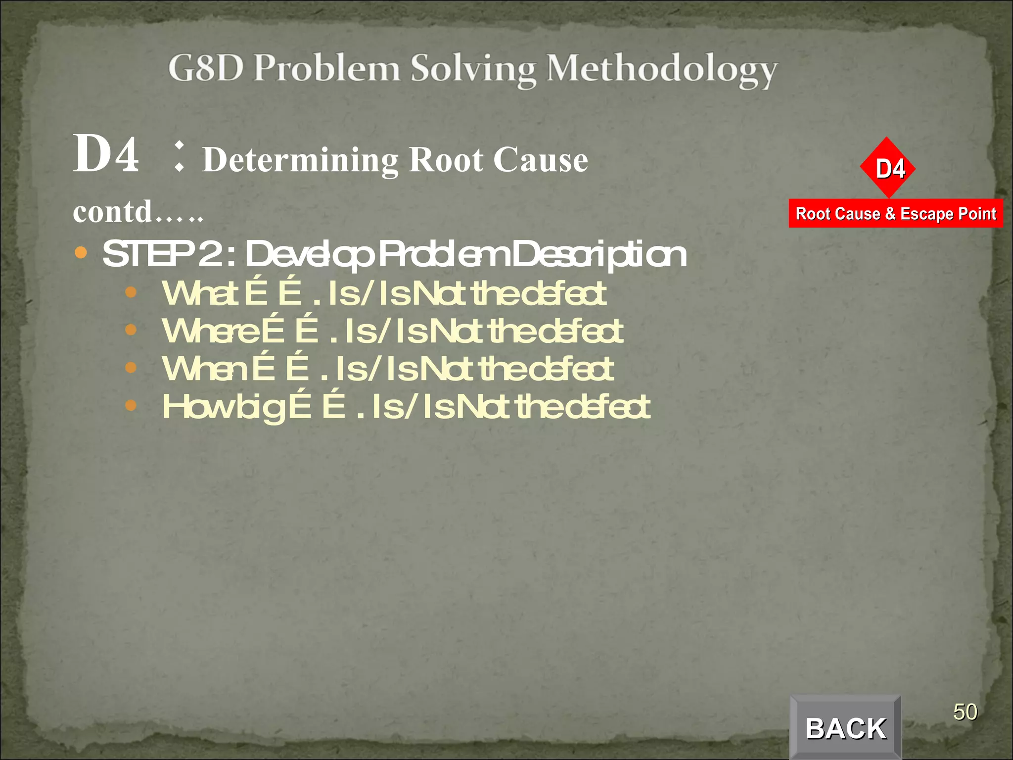D4  :  Determining Root Cause  contd….. STEP 2 : Develop Problem Description What ……. Is / Is Not the defect Where ……. Is / Is Not the defect When ……. Is / Is Not the defect How big ……. Is / Is Not the defect BACK 