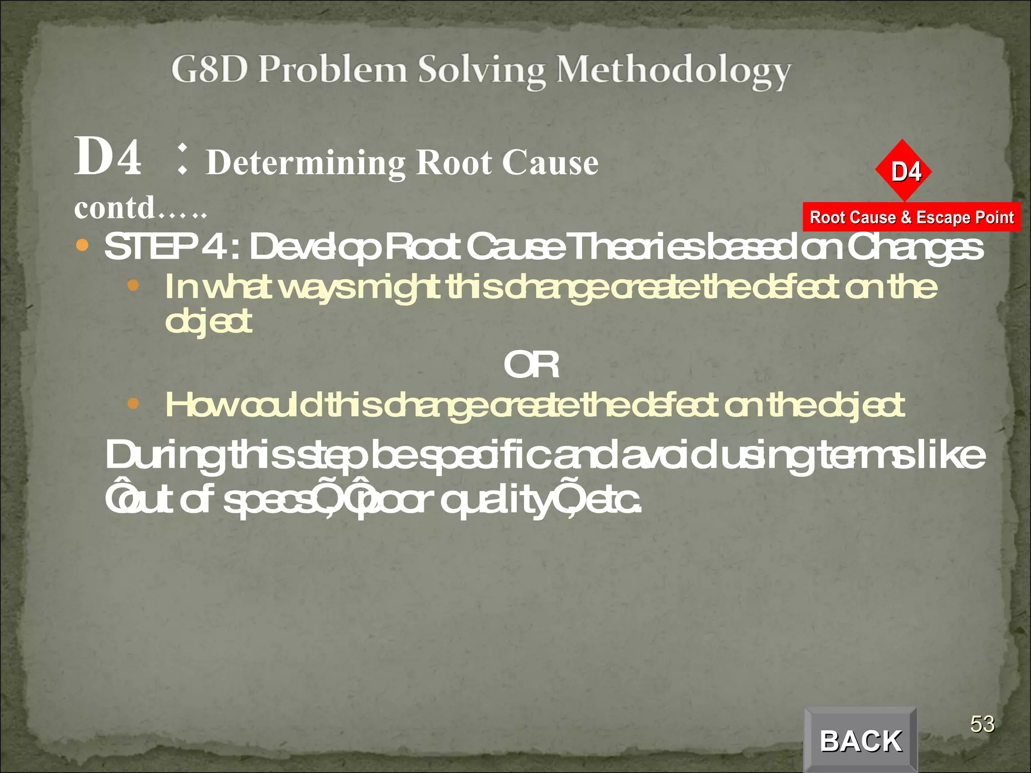 D4  :  Determining Root Cause  contd….. STEP 4 : Develop Root Cause Theories based on Changes In what ways might this change create the defect on the object OR How could this change create the defect on the object During this step be specific and avoid using terms like ‘out of specs’, ‘poor quality’, etc. BACK 