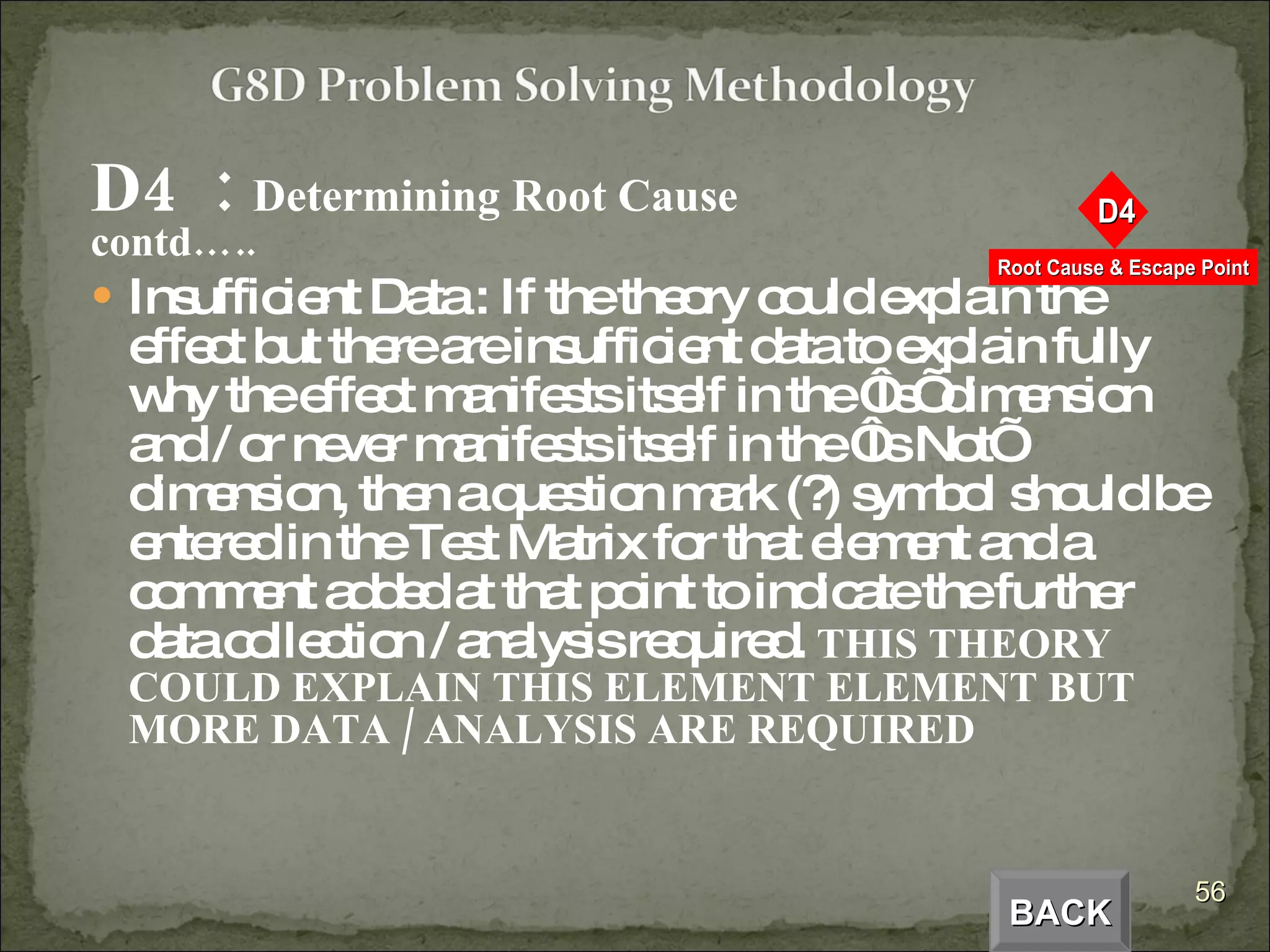 D4  :  Determining Root Cause  contd….. Insufficient Data : If the theory could explain the  effect but there are insufficient data to explain fully why the effect manifests itself in the ‘Is’ dimension and / or never manifests itself in the ‘Is Not’ dimension, then a question mark (?) symbol should be entered in the Test Matrix for that element and a comment added at that point to indicate the further data collection / analysis required.  THIS THEORY COULD EXPLAIN THIS ELEMENT ELEMENT BUT MORE DATA / ANALYSIS ARE REQUIRED BACK 