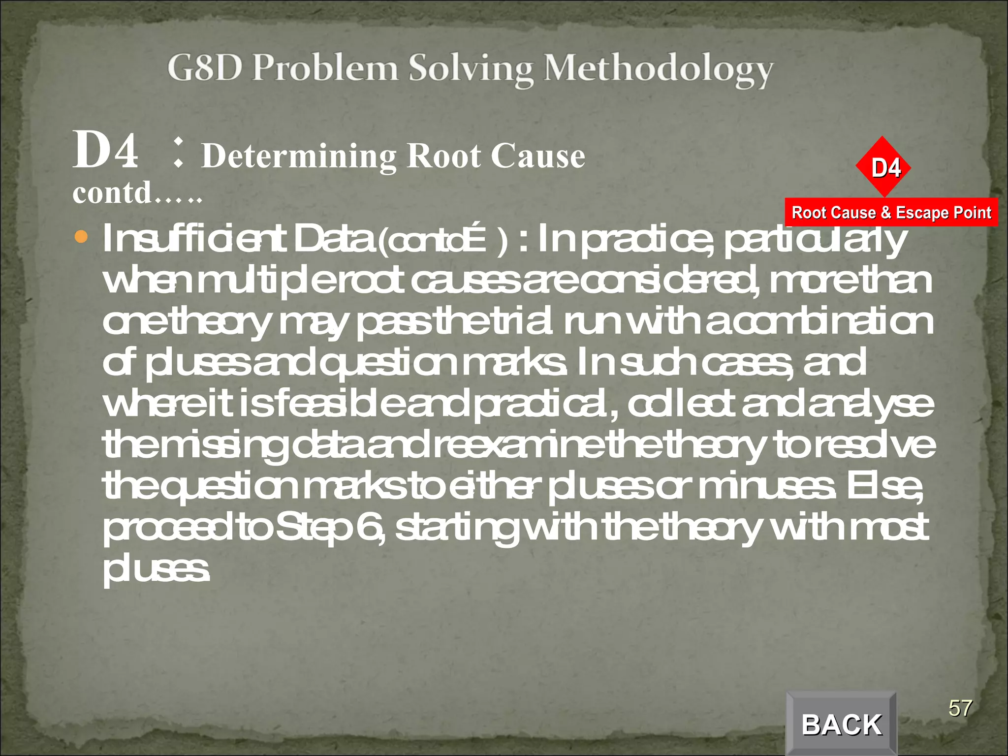 D4  :  Determining Root Cause  contd….. Insufficient Data  (contd…)  : In practice, particularly when multiple root causes are considered, more than one theory may pass the trial run with a combination of pluses and question marks. In such cases, and where it is feasible and practical, collect and analyse the missing data and reexamine the theory to resolve the question marks to either pluses or minuses. Else, proceed to Step 6, starting with the theory with most pluses.  BACK 