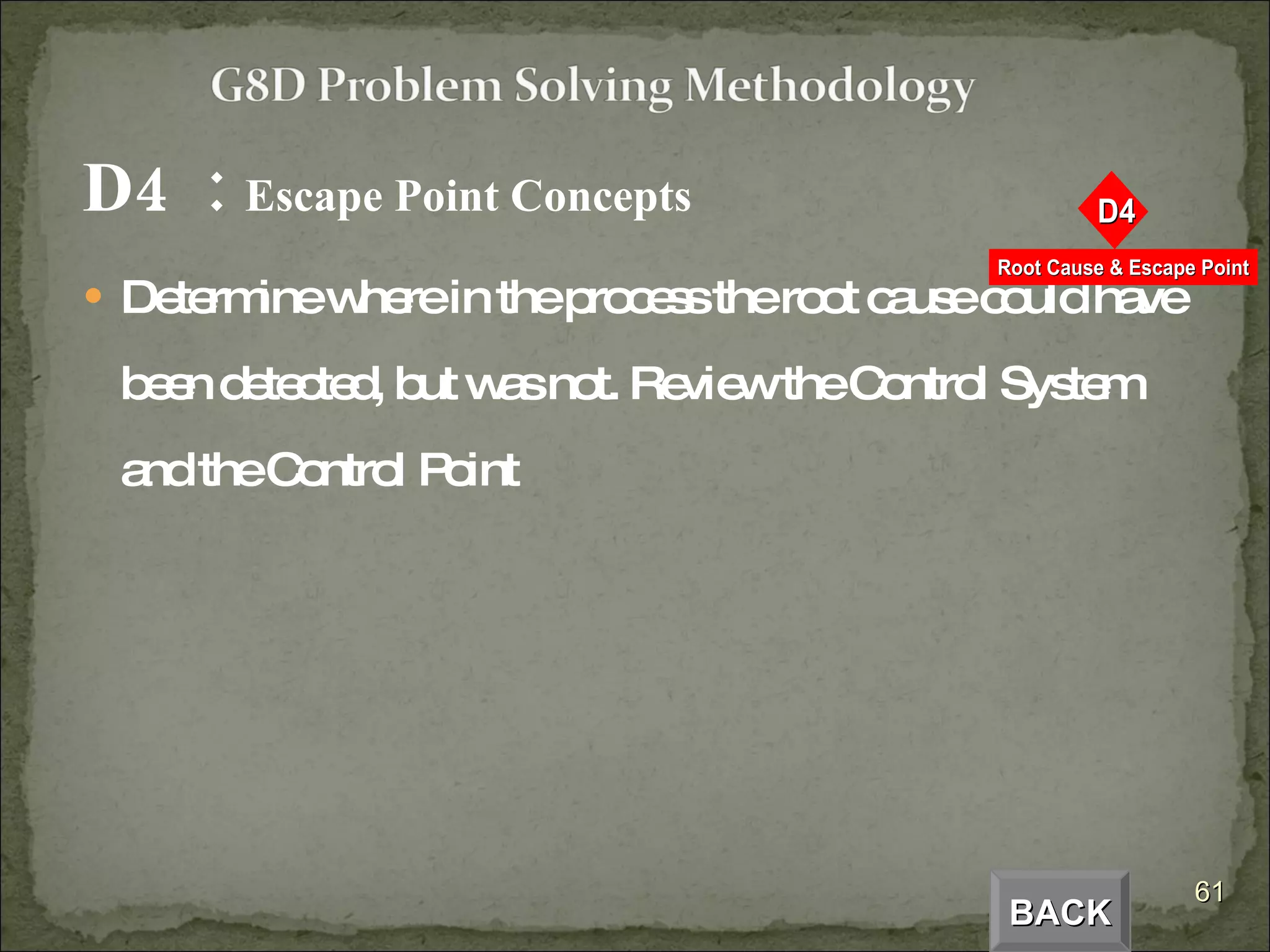 D4  :  Escape Point Concepts Determine where in the process the root cause could have been detected, but was not. Review the Control System and the Control Point BACK 