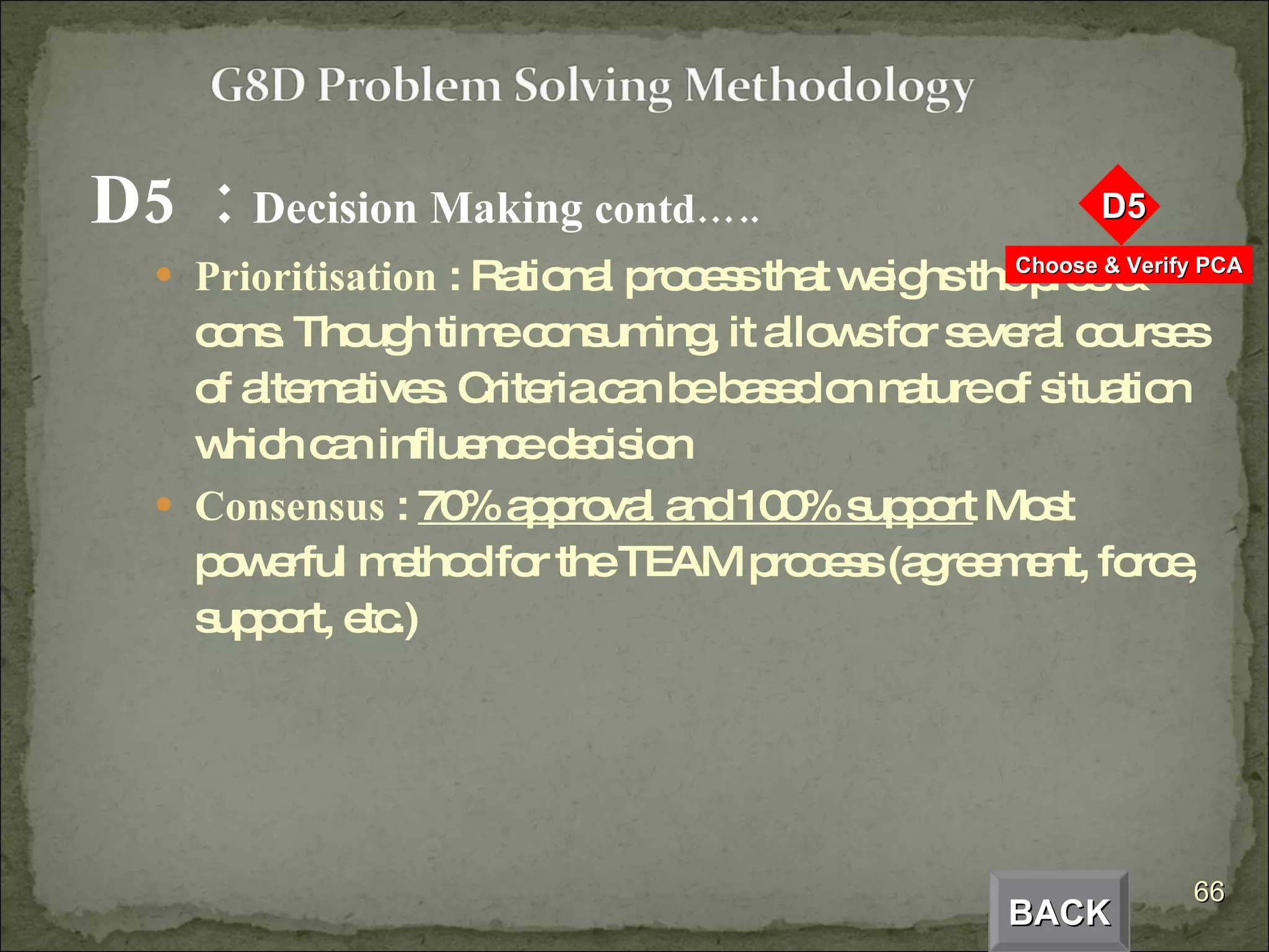 D5  :  Decision Making  contd….. Prioritisation  : Rational process that weighs the pros & cons. Though time consuming, it allows for several courses of alternatives. Criteria can be based on nature of situation which can influence decision Consensus  :  70% approval and 100% support  Most powerful method for the TEAM process (agreement, force, support, etc.) BACK 