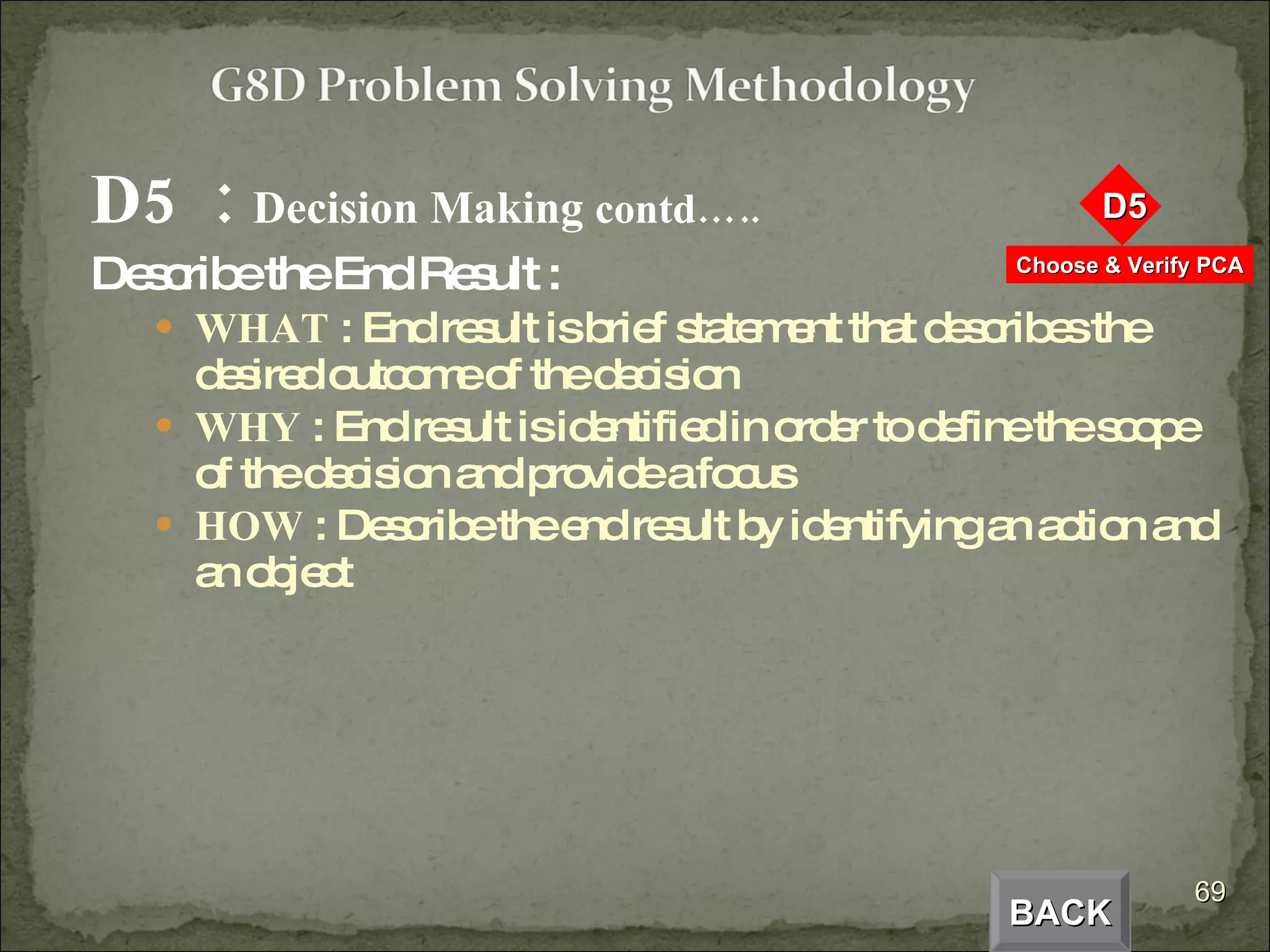 D5  :  Decision Making  contd….. Describe the End Result : WHAT  : End result is brief statement that describes the desired outcome of the decision WHY  : End result is identified in order to define the scope of the decision and provide a focus HOW  : Describe the end result by identifying an action and an object BACK 