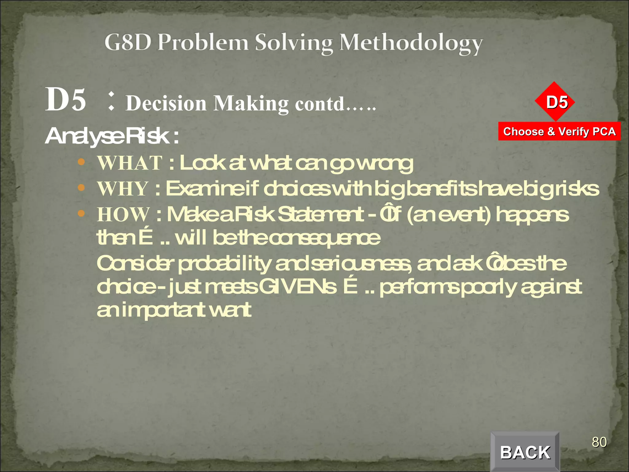 D5  :  Decision Making  contd….. Analyse Risk : WHAT  : Look at what can go wrong WHY  : Examine if choices with big benefits have big risks HOW  : Make a Risk Statement - ‘If (an event) happens then ….. will be the consequence Consider probability and seriousness, and ask ‘does the choice - just meets GIVENs  ….. performs poorly against an important want BACK 