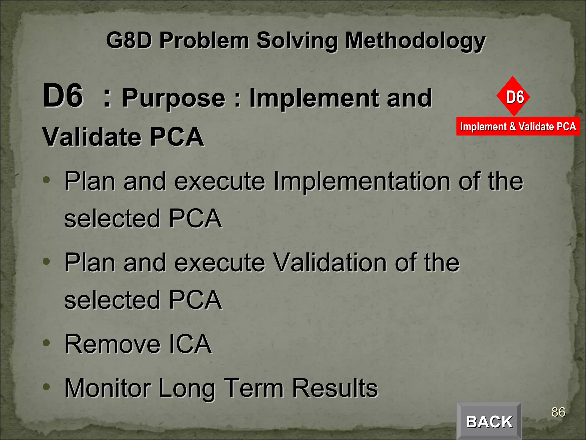 D6  :  Purpose : Implement and  Validate PCA Plan and execute Implementation of the selected PCA Plan and execute Validation of the selected PCA  Remove ICA Monitor Long Term Results BACK G8D Problem Solving Methodology 