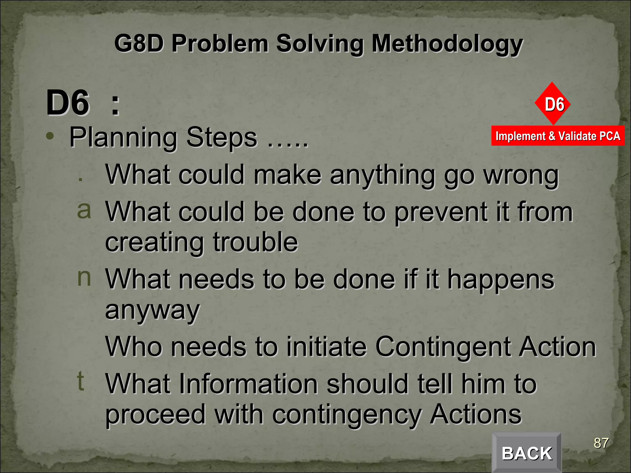 D6  : Planning Steps ….. What could make anything go wrong What could be done to prevent it from creating trouble What needs to be done if it happens anyway Who needs to initiate Contingent Action What Information should tell him to proceed with contingency Actions BACK G8D Problem Solving Methodology 