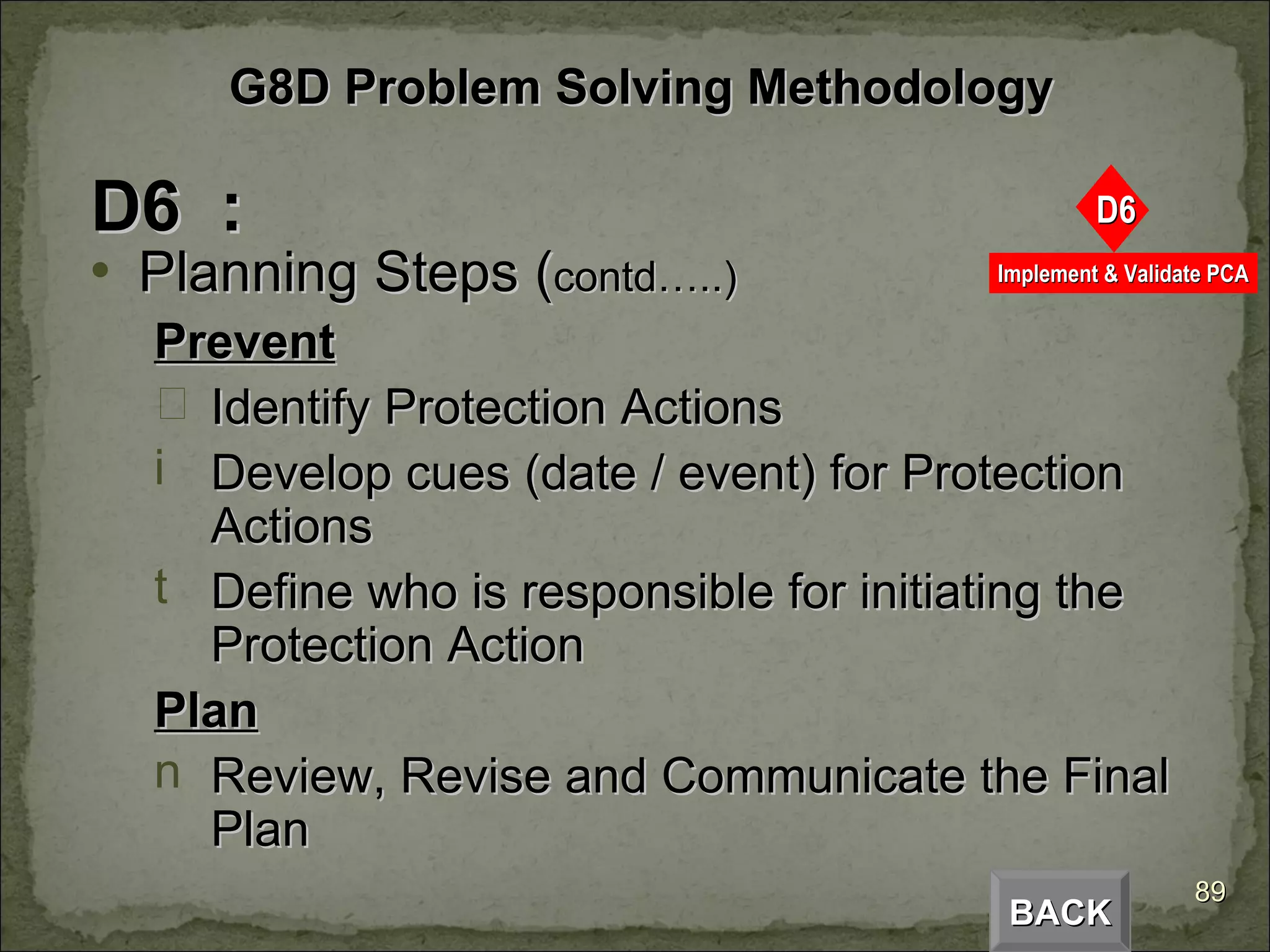 D6  : Planning Steps ( contd…..) Prevent Identify Protection Actions Develop cues (date / event) for Protection Actions Define who is responsible for initiating the Protection Action Plan Review, Revise and Communicate the Final Plan BACK G8D Problem Solving Methodology 