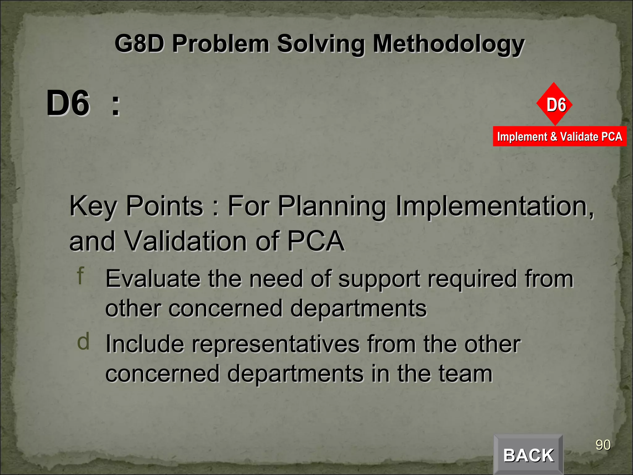 D6  :  Key Points : For Planning Implementation, and Validation of PCA Evaluate the need of support required from other concerned departments Include representatives from the other concerned departments in the team  BACK G8D Problem Solving Methodology 