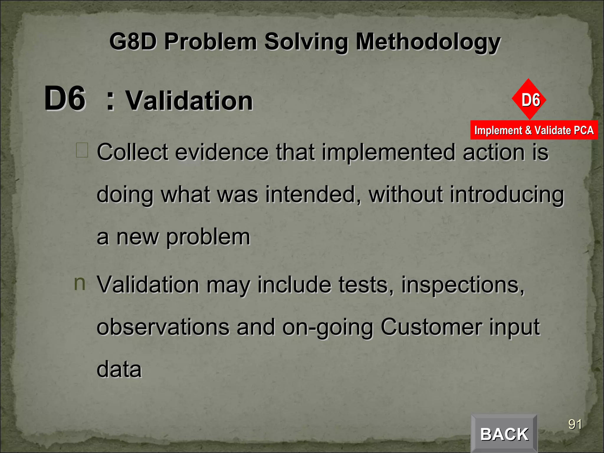 D6  :  Validation Collect evidence that implemented action is doing what was intended, without introducing a new problem Validation may include tests, inspections, observations and on-going Customer input data BACK G8D Problem Solving Methodology 