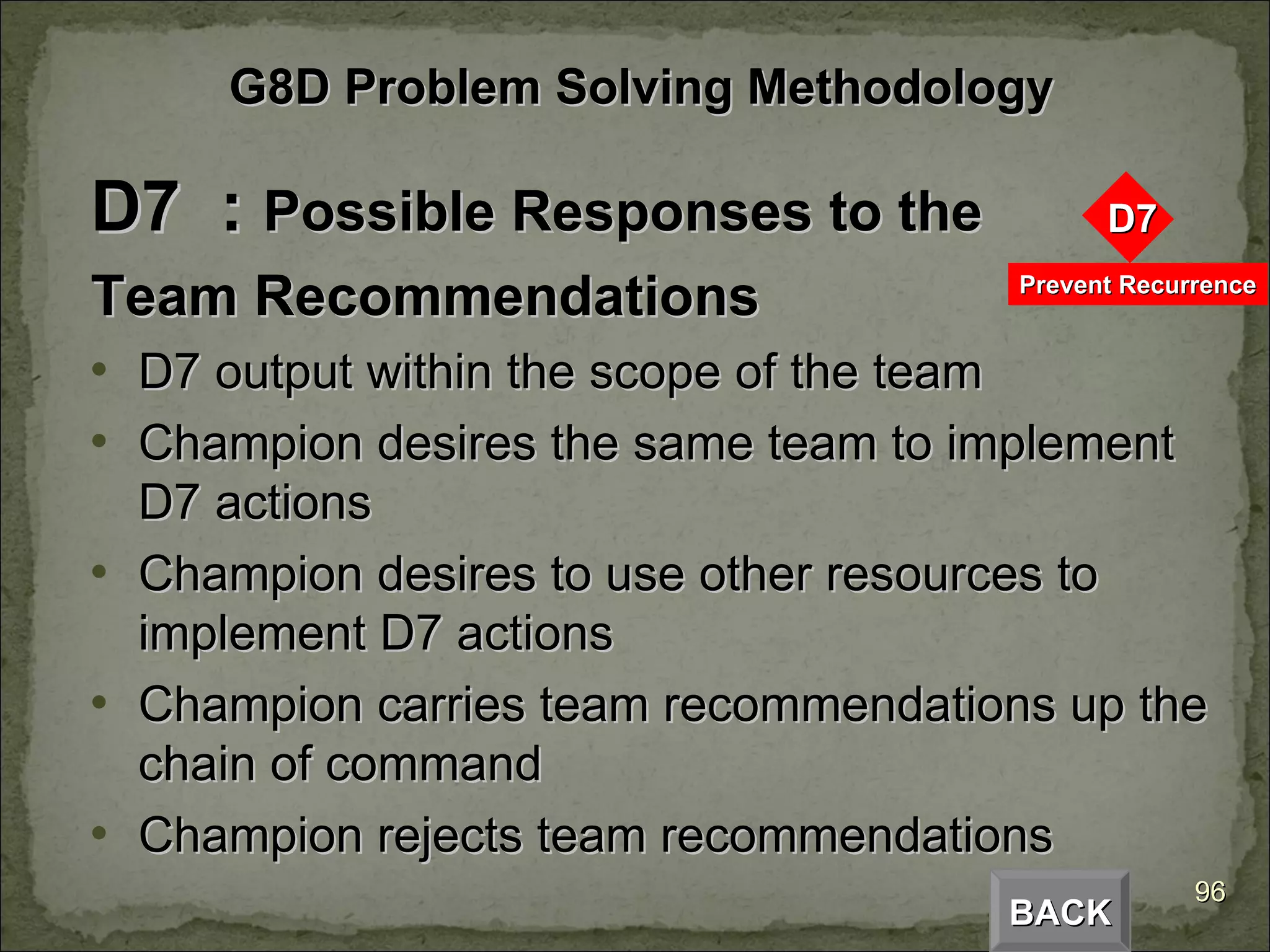 D7  :  Possible Responses to the Team Recommendations D7 output within the scope of the team Champion desires the same team to implement D7 actions Champion desires to use other resources to implement D7 actions Champion carries team recommendations up the chain of command Champion rejects team recommendations BACK G8D Problem Solving Methodology 