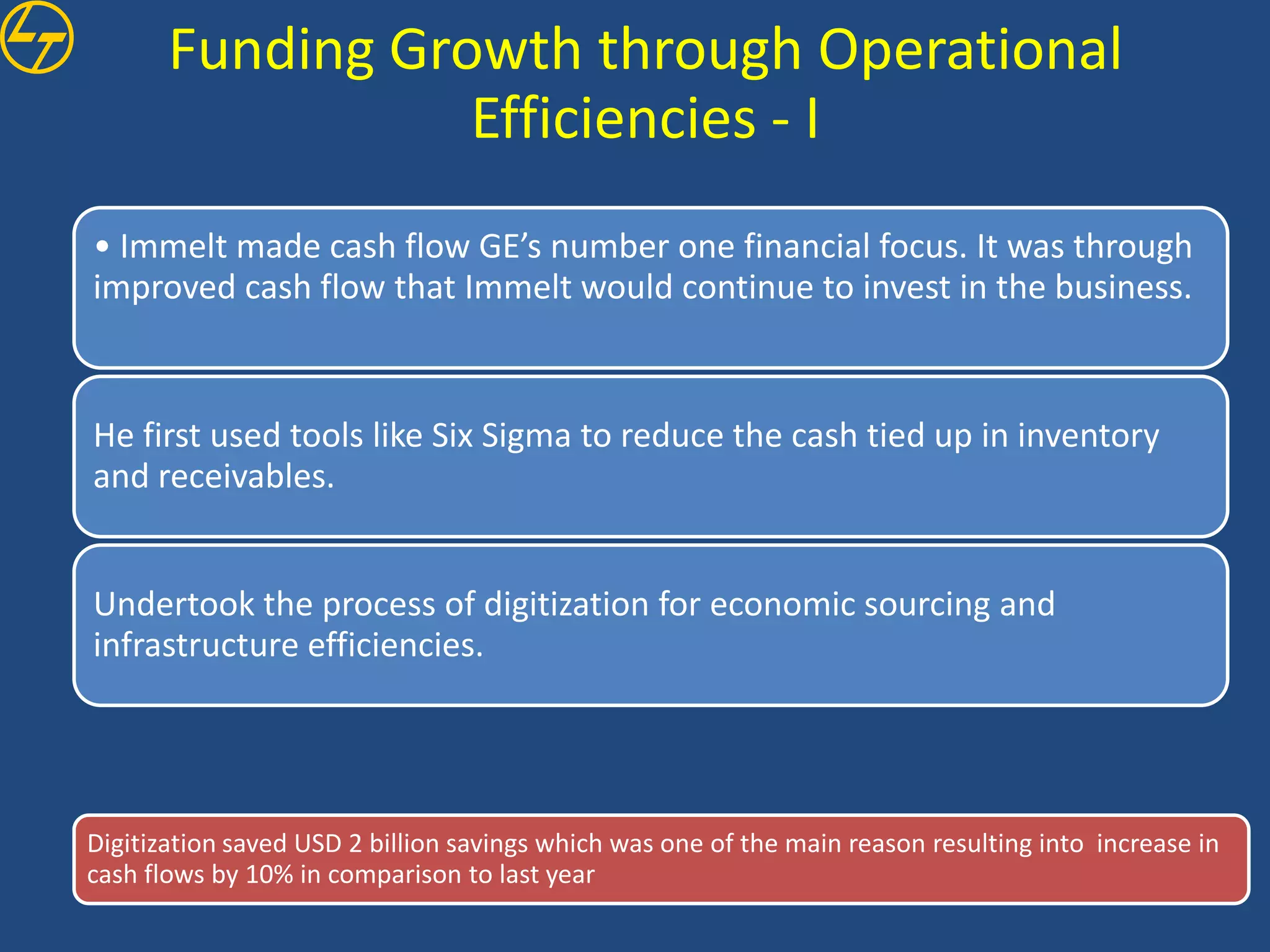 Funding Growth through Operational
                  Efficiencies - I
• Immelt made cash flow GE’s number one financial focus. It was through
improved cash flow that Immelt would continue to invest in the business.



He first used tools like Six Sigma to reduce the cash tied up in inventory
and receivables.


Undertook the process of digitization for economic sourcing and
infrastructure efficiencies.




Digitization saved USD 2 billion savings which was one of the main reason resulting into increase in
cash flows by 10% in comparison to last year
 
