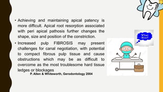 • Achieving and maintaining apical patency is
more difficult. Apical root resorption associated
with peri apical pathosis further changes the
shape, size and position of the constriction.
• Increased pulp FIBROSIS may present
challenges for canal negotiation, with potential
to compact fibrous pulp tissue and cause
obstructions which may be as difficult to
overcome as the most troublesome hard tissue
ledges or blockages
P. Allen & Whiteworth, Gerodontology 2004
 