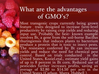 What are the advantages
of GMO’s?
Most transgenic crops currently being grown
feature traits designed to increase farm-level
productivity by raising crop yields and reducing
input use. Probably the best- known example
involves Bt, a gene from the soil-borne Bacillus
thuringiensis that induces plants to bacterium
produce a protein that is toxic to insect pests.
The resistance conferred by Bt can increase
yields and reduce the need for chemical pest
control. Based on trials conducted in the
United States, Koziel.etal., estimate yield gains
of up to 8 percent in Bt corn. Reduced use of
pesticides further increases profits, saving an
average of $2.80 to $14.50 per acre in the
 