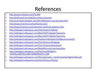 References
• http://www.mrkeenan.com/?p=864
• http://technorati.com/tag/21st-century-learning
• http://justintarte.blogspot.com/2011/01/whole-new-educator.html
• http://www.21stcenturyschoolteacher.com/
• http://www.21stcenturyschoolteacher.com/cool-websites.html
• http://edorigami.wikispaces.com/21st+Century+Teacher
• http://edorigami.wikispaces.com/Bloom%27s+Digital+Taxonomy
• http://edorigami.wikispaces.com/Bloom%27s+Digital+Taxonomy
• http://edorigami.wikispaces.com/Gardners+Multiple+Intelligences+and+ICT
• http://edorigami.wikispaces.com/21st+Century+Pedagogy
• http://edorigami.wikispaces.com/21st+Century+Assessment
• http://edorigami.wikispaces.com/NeoMillennial+Learning+styles
• http://edorigami.wikispaces.com/file/view/PRENSKY+-
+DIGITAL+NATIVES+AND+IMMIGRANTS+1.PDF
• http://edorigami.wikispaces.com/file/view/Jukes+-+Understanding+Digital+Kids.pdf
• http://edorigami.wikispaces.com/21st+Century+Teacher
 