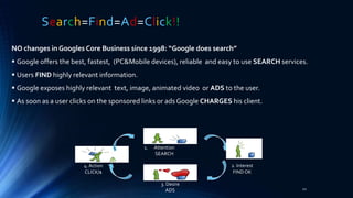NO changes in Googles Core Business since 1998: “Google does search”
 Google offers the best, fastest, (PC&Mobile devices), reliable and easy to use SEARCH services.
 Users FIND highly relevant information.
 Google exposes highly relevant text, image, animated video or ADS to the user.
 As soon as a user clicks on the sponsored links or ads Google CHARGES his client.
Search=Find=Ad=Click!!
21
1. Attention
SEARCH
2. Interest
FINDOK
3. Desire
ADS
4. Action
CLICK/$
 
