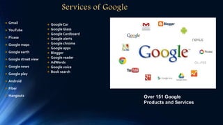 Services of Google
Gmail
YouTube
Picasa
Google maps
Google earth
Google street view
Google news
Google play
Android
Fiber
Hangouts
Google Car
Google Glass
Google Cardboard
Google alerts
Google chrome
Google apps
Blogger
Google reader
AdWords
Google voice
Book search
Over 151 Google
Products and Services
 