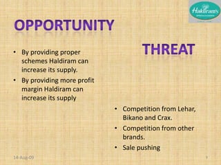 By providing proper schemes Haldiram can increase its supply.By providing more profit margin Haldiram can increase its supplyCompetition from Lehar, Bikano and Crax.Competition from other brands.Sale pushing20-Nov-089OpportunityThreat