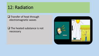  Transfer of heat through
electromagnetic waves
 The heated substance is not
necessary
12: Radiation
 