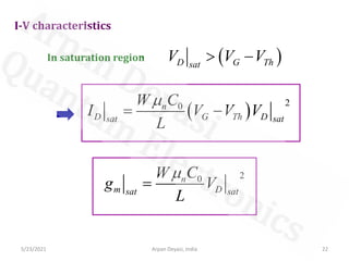 5/23/2021 Arpan Deyasi, India 22
I-V characteristics
In saturation region ( )
D G Th
sat
V V V
 −
( )
2
0
n
D G Th D
sat sat
W C
I V V V
L

= −
2
0
n
m D
sat sat
W C
g V
L

=
 