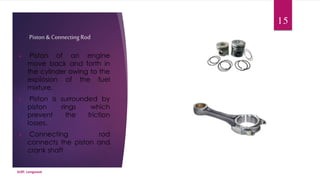 Piston & Connecting Rod 
 Piston of an engine 
move back and forth in 
the cylinder owing to the 
explosion of the fuel 
mixture. 
 Piston is surrounded by 
piston rings which 
prevent the friction 
losses. 
 Connecting rod 
connects the piston and 
crank shaft 
SLIET, Longowal 
15 
 