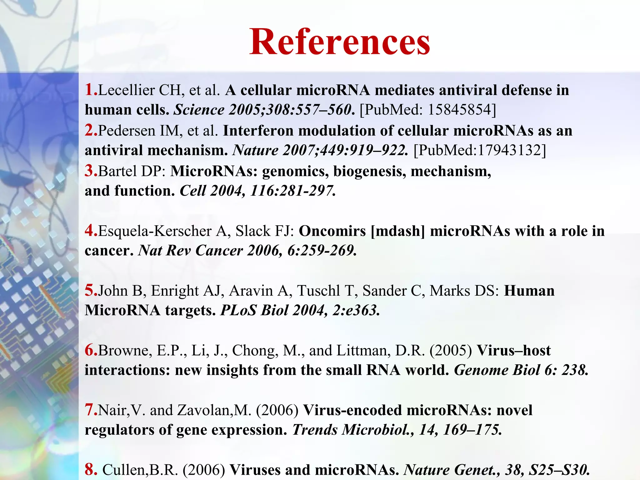 References
1.Lecellier CH, et al. A cellular microRNA mediates antiviral defense in
human cells. Science 2005;308:557–560. [PubMed: 15845854]
2.Pedersen IM, et al. Interferon modulation of cellular microRNAs as an
antiviral mechanism. Nature 2007;449:919–922. [PubMed:17943132]
3.Bartel DP: MicroRNAs: genomics, biogenesis, mechanism,
and function. Cell 2004, 116:281-297.

4.Esquela-Kerscher A, Slack FJ: Oncomirs [mdash] microRNAs with a role in
cancer. Nat Rev Cancer 2006, 6:259-269.

5.John B, Enright AJ, Aravin A, Tuschl T, Sander C, Marks DS: Human
MicroRNA targets. PLoS Biol 2004, 2:e363.

6.Browne, E.P., Li, J., Chong, M., and Littman, D.R. (2005) Virus–host
interactions: new insights from the small RNA world. Genome Biol 6: 238.

7.Nair,V. and Zavolan,M. (2006) Virus-encoded microRNAs: novel
regulators of gene expression. Trends Microbiol., 14, 169–175.

8. Cullen,B.R. (2006) Viruses and microRNAs. Nature Genet., 38, S25–S30.
 