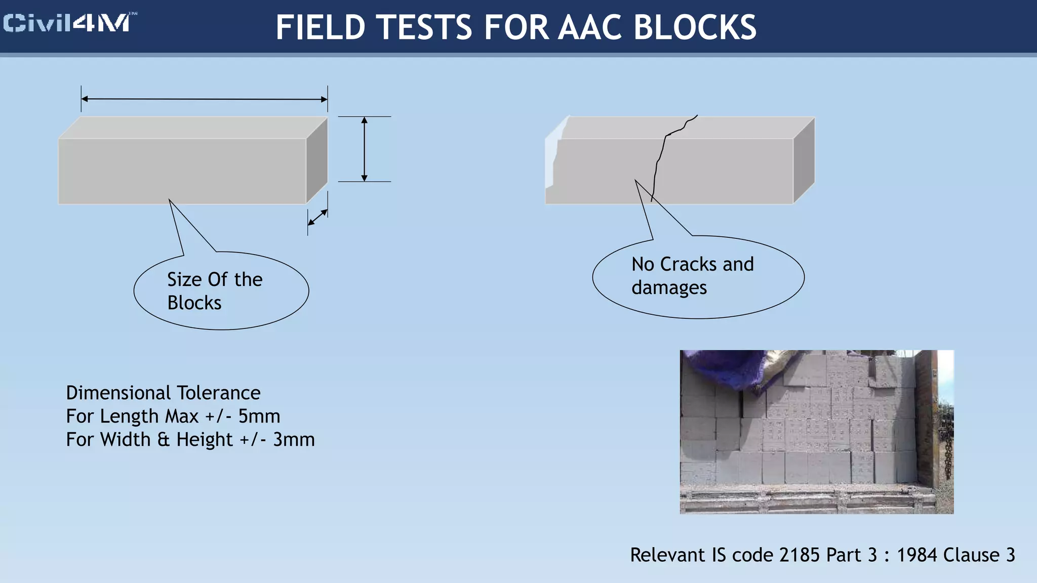 FIELD TESTS FOR AAC BLOCKS
Size Of the
Blocks
No Cracks and
damages
Dimensional Tolerance
For Length Max +/- 5mm
For Width & Height +/- 3mm
Relevant IS code 2185 Part 3 : 1984 Clause 3
 