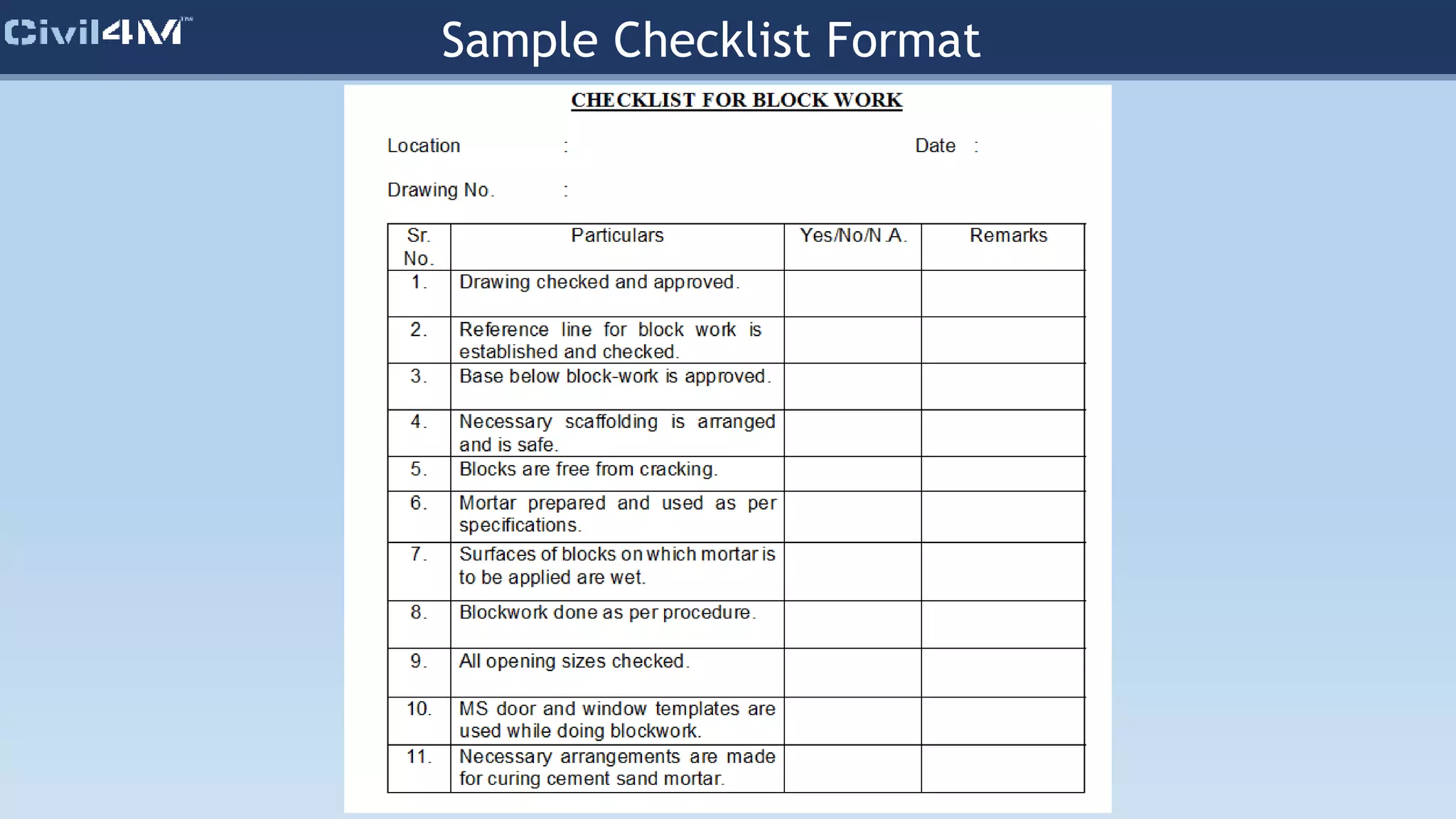 Sample Checklist Format
 