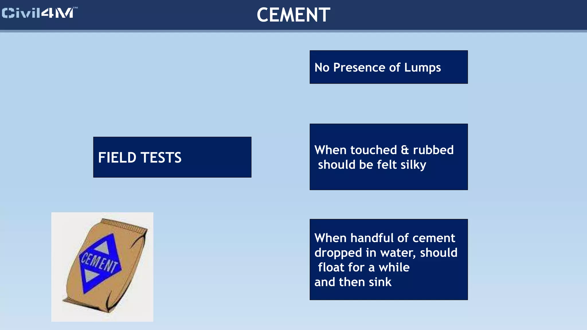 CEMENT
FIELD TESTS
When handful of cement
dropped in water, should
float for a while
and then sink
When touched & rubbed
should be felt silky
No Presence of Lumps
 