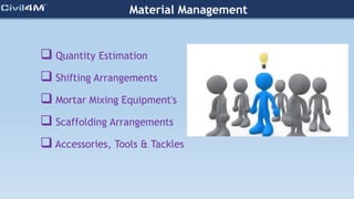 Material Management
 Quantity Estimation
 Shifting Arrangements
 Mortar Mixing Equipment's
 Scaffolding Arrangements
 Accessories, Tools & Tackles
 