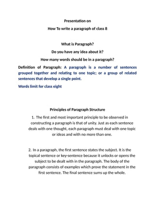 Paragraph Writing Format 8 Presentation on How To write a paragraph of class 8.docx
