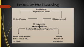 Process of HR Planning
Organisational
Objectives and Process
HR Need Forecast HR Supply Forecast
HR Programming
HRP Implementation
Control and Evaluation of Programme
Surplus, Restricted Hiring, Shortage
Reduced Hours, VRS, Recruitment
Lay Off etc. and Selection
 