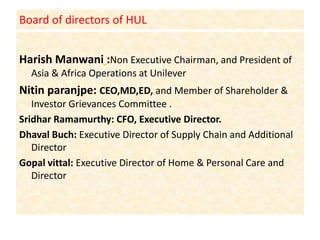 Board of directors of HULHarish Manwani:Non Executive Chairman, and President of Asia & Africa Operations at UnileverNitin paranjpe: CEO,MD,ED, and Member of Shareholder & Investor Grievances Committee .Sridhar Ramamurthy: CFO, Executive Director.Dhaval Buch: Executive Director of Supply Chain and Additional DirectorGopal vittal: Executive Director of Home & Personal Care and Director