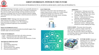 ACS’S COLLEGE OF PHARMACEUTICAL SCIENCE & RESEARCH, ASHTI (B & M PHARMACY)
GREEN HYDROGEN: POWER IN THE FUTURE
ABSTRACT: Hydrogen fuel holds a promise as a sustainable alternative to
conventional fuels. There are different types of hydrogen including grey,
blue and most notably green hydrogen and their production processes
application of hydrogen fuels are all across different industries ranging
from transportation and energy storage to industrial processes and power
generation
INTRODUCTION: “Hydrogen fuel clean and versatile
offers emissions free energy. From transportation to
power generation its potential is vast. This introduction
outlines its production application and sustainability
benefits.”
TYPES OF HYDROGEN
1) Grey – produced from fossil fuels with carbon emissions.
2) Blue – generated from fuels with carbon capture.
3) Green – derived from renewable sources like electrolysis of water.
METHOD OF PREPARATION
1) Electrolysis
2) Steam Methane Reforming
3) Biomass Gasification
4) Thermochemical water splitting
5) Photoelectrochemical(PEC)
WHAT IS HYDROGEN FUEL?
Hydrogen fuel isa zero-emission fuel when burned with oxygen, if one
considers water not to be an emission
ELECTROLYSIS:
Electrolysis breaks down water into hydrogen and
oxygen using an electric current. It’s a crucial method
of producing hydrogen gas which has various
application in industry and energy sectors, including
fuel cell and clean energy storage.
Application :
1) Transportation : Hydrogen power fuel
cell vehicles, emitting only water vapor.
2) Energy Storage : Hydrogen stores excess
renewable energy for future use.
3) Industry : It fuels processes in refining,
chemicals, and food production.
4) Power Generation : Fuel cells produce
electricity for stationary application.
5) Maritime & Aviation : Hydrogen holds
potential for cleaner shipping and flying.
CONCLUSION : This poster shows how green
hydrogen fuel is vital for a cleaner world. We ‘ve
seen the types of hydrogen and how it’s used in
many ways, like powering vehicles and industries.
As technology improves, green hydrogen offers hope
for a better, greener future.”
FUTURE SCOPE :Toyota new
hydrogen fuel car is called the
Toyota Mirai. It runs on
hydrogen fuel cells emitting
only water vapor. It has its
internal electrolysis system
 