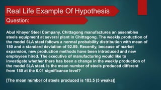Real Life Example Of Hypothesis
Question:
Abul Khayer Steel Company, Chittagong manufactures an assembles
steels equipment at several plant in Chittagong. The weekly production of
the model 6LA steel follows a normal probability distribution with mean of
180 and a standard deviation of 92.89. Recently, because of market
expansion, new production methods have been introduced and new
employees hired. The executive of manufacturing would like to
investigate whether there has been a change in the weekly production of
the model 6LA steel. Is the mean number of steels produced different
from 180 at the 0.01 significance level?
[The mean number of steels produced is 183.5 (5 weaks)]
 