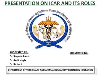 SUBMITTED BY:-
SUGGESTED BY:-
Dr. Sanjeev kumar
Dr. Amit singh
Dr. Rashmi
DEPARTMENT OF VETERINARY AND ANIMAL HUSBANDRY EXTENSION EDUCATION
 