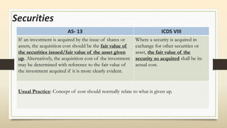 Securities
AS- 13 ICDS VIII
If an investment is acquired by the issue of shares or
assets, the acquisition cost should be the fair value of
the securities issued/fair value of the asset given
up. Alternatively, the acquisition cost of the investment
may be determined with reference to the fair value of
the investment acquired if it is more clearly evident.
Where a security is acquired in
exchange for other securities or
asset, the fair value of the
security so acquired shall be its
actual cost.
Usual Practice: Concept of cost should normally relate to what is given up.
 