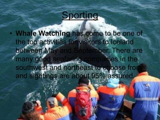 Sporting
• Whale Watching has come to be one of
the top activities for visitors to Iceland
between May and September. There are
many good seafaring companies in the
southwest and northeast to choose from
and sightings are about 95% assured.
 
