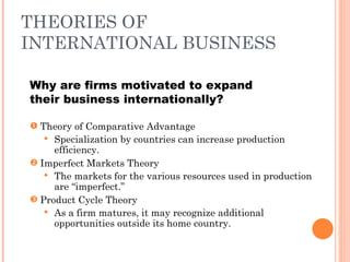 THEORIES OF
INTERNATIONAL BUSINESS

Why are firms motivated to expand
their business internationally?

 Theory of Comparative Advantage
    Specialization by countries can increase production
     efficiency.
 Imperfect Markets Theory
    The markets for the various resources used in production
     are “imperfect.”
 Product Cycle Theory
    As a firm matures, it may recognize additional
     opportunities outside its home country.
 