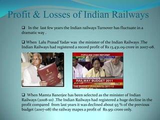   When MamtaBanerjee has been selected as the minister of Indian Railways (2008-10) .The Indian Railways had registered a huge decline in the profit compared  from last years it was declined about 93 % of the previous budget (2007-08) the railway mapes a profit of  Rs.951 crore only.Comparison Of Lalu`s & MamtaBanerjee Figures of IRLalu Prasad YadavBudet.MamtaBenrjee`s Budget .At the end of Lalu`s ministry the Indian railway mapped a profit of Rs.13,431 Cr.Operational problems due to agitations not withstanding, Railways' total earnings for 2010-11 have surpassed the target set for the fiscal by about Rs. 100 crore.