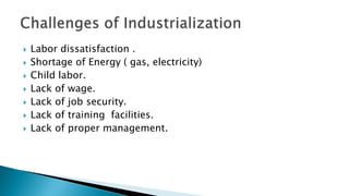  Labor dissatisfaction .
 Shortage of Energy ( gas, electricity)
 Child labor.
 Lack of wage.
 Lack of job security.
 Lack of training facilities.
 Lack of proper management.
 