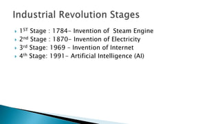  1ST Stage : 1784- Invention of Steam Engine
 2nd Stage : 1870- Invention of Electricity
 3rd Stage: 1969 – Invention of Internet
 4th Stage: 1991- Artificial Intelligence (AI)
 