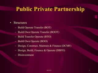Public Private Partnership  Structures Build Operate Transfer (BOT) Build Own Operate Transfer (BOOT) Build Transfer Operate (BTO) Build Own Operate (BOO) Design, Construct, Maintain & Finance (DCMF) Design, Build, Finance & Operate (DBFO) Disinvestment 