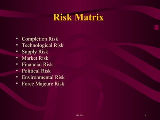 Risk Matrix Completion Risk Technological Risk Supply Risk  Market Risk Financial Risk Political Risk Environmental Risk Force Majeure Risk 